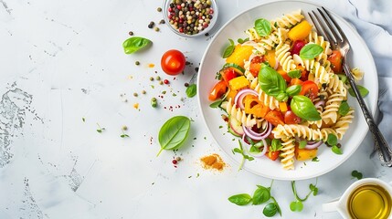 Plate and bowl with tasty pasta salad and ingredients on light background : Generative AI - Powered by Adobe
