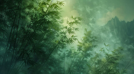 Vibrant green bamboo trees with a clouded backdrop