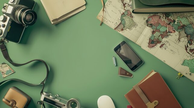 top view travel concept with retro camera films map passport smartphone notebook on green background with copy space Tourist essentials vintage tone effect : Generative AI - Powered by Adobe