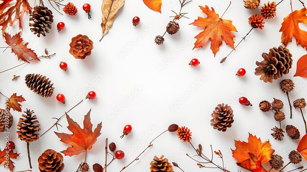 Poster autumn floral background oak leaves cones flowers berries arranged in frame on white background copy
