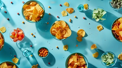 Salty snacks Party food on a blue background Potato and tortilla chips crackers and other appetizers in bowls overhead flat lay shot : Generative AI