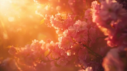 Ethereal Glow of Cherry Blossoms in Vibrant Sunlight: A Close-Up Shot of Spring's Radiant Inflorescence