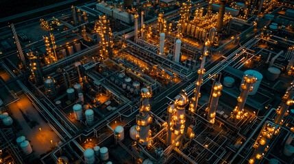 Aerial View of Chemical Plant at Dusk in Oil and Gas Industry