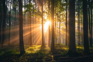 : A serene forest scene at dawn, with the sun breaking through the treetops, illuminating the forest floor