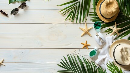 Top view of beach summer accessories with copy space Lay flat holiday fashion background on white wooden table or floor Horizontal frame for spa or wellness concept : Generative AI