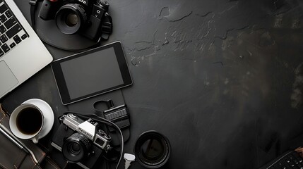 Workspace of photographer Photographers table with tablet  vintage camera coffee and keyboard in black and greyCreative workspace Ideas and inspiration Flat lay : Generative AI