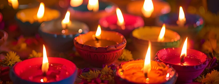 Colorful clay diya lamps lit during diwali celebration, selective focus 4K Video