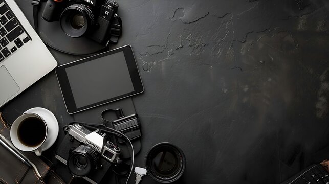 Workspace of photographer Photographers table with tablet  vintage camera coffee and keyboard in black and greyCreative workspace Ideas and inspiration Flat lay : Generative AI