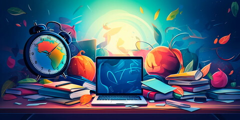 dynamic back to school background with a burst of colorful symbols representing different academic subjects. Generative AI - obrazy, fototapety, plakaty