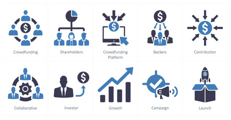A set of 10 crowdfunding icons as crowdfunding, shareholders, crowdfunding platform