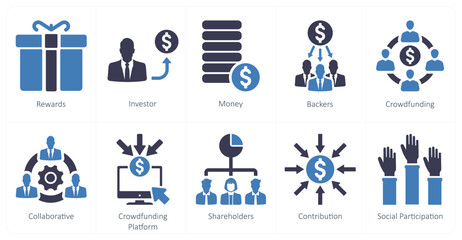 A set of 10 crowdfunding icons as rewards, investor, money