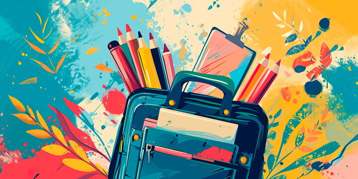 dynamic back to school background with a burst of colorful symbols representing different academic subjects. Generative AI