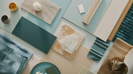 Elegant  flat lay composition in green blue and beige color palette with textile and paint samples...
