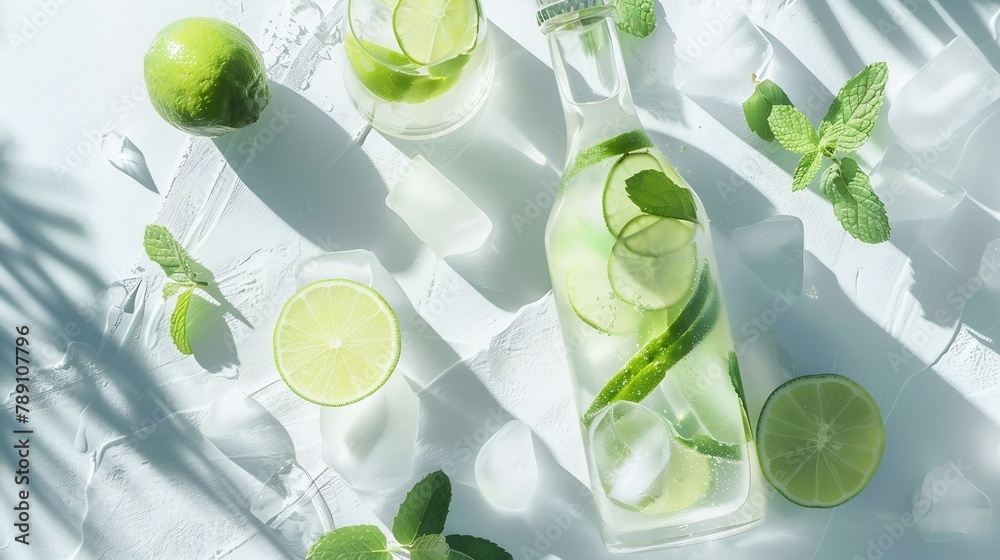 Aufkleber Flatlay of mojito cocktail with lime fresh mint and ice bottle with mojito on white texture background close up Summer refreshment citrus drink Top view and copy space : Generative AI