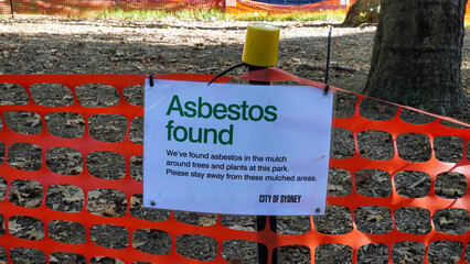asbestos sign.Asbestos in Sydney park nsw Australia. asbestos danger. closed park.
