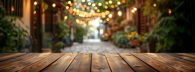 Wooden table and blurry background of a small cobble street with festive lights green plants, old town with festive light plants and flowers and an empty table for displaying products, AI generated