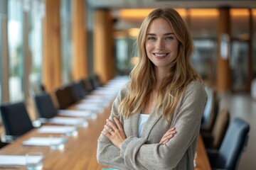 Young successful businesswoman at corporate office looking at camera.