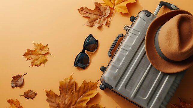 Autumn adventure aspirations Top view photograph capturing a gray suitcase a warm felt hat and sunglasses displayed on beige isolated backdrop wellsuited for your advertising or textua : Generative AI