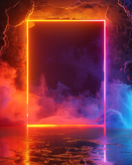 Bright neon portal reflects on water, creating a serene and surreal pink and orange glow.