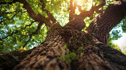 Ancient oak tree with green leaves closeup Kvepene Latvia Picturesque low angle panoramic view...
