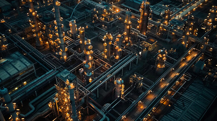 Aerial View of Chemical Plant at Dusk in Oil and Gas Industry
