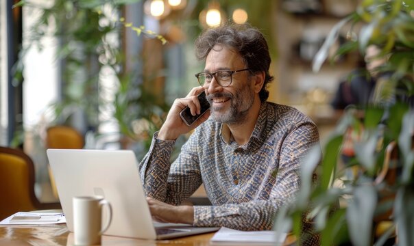 Young Happy Busy Latin Businessman Talking On Phone Using Laptop Computer In Office. Smiling Hispanic Professional Business Man Manager Making Call On Mobile Telephone Sitting At Work Desk.