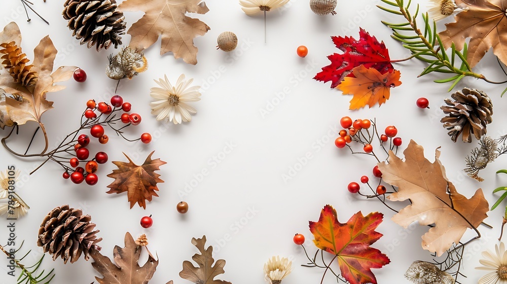 Poster autumn floral background oak leaves cones flowers berries arranged in frame on white background copy