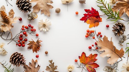 Autumn floral background oak leaves cones flowers berries arranged in frame on white background copy space : Generative AI