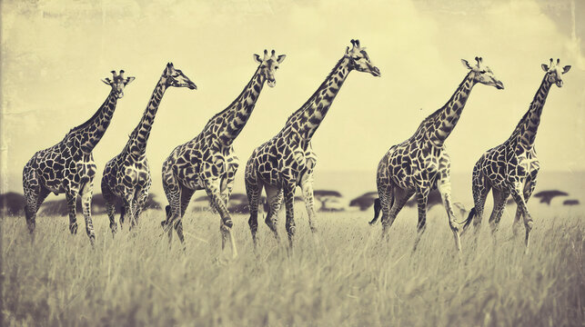 Vintage style black and white image of giraffes 