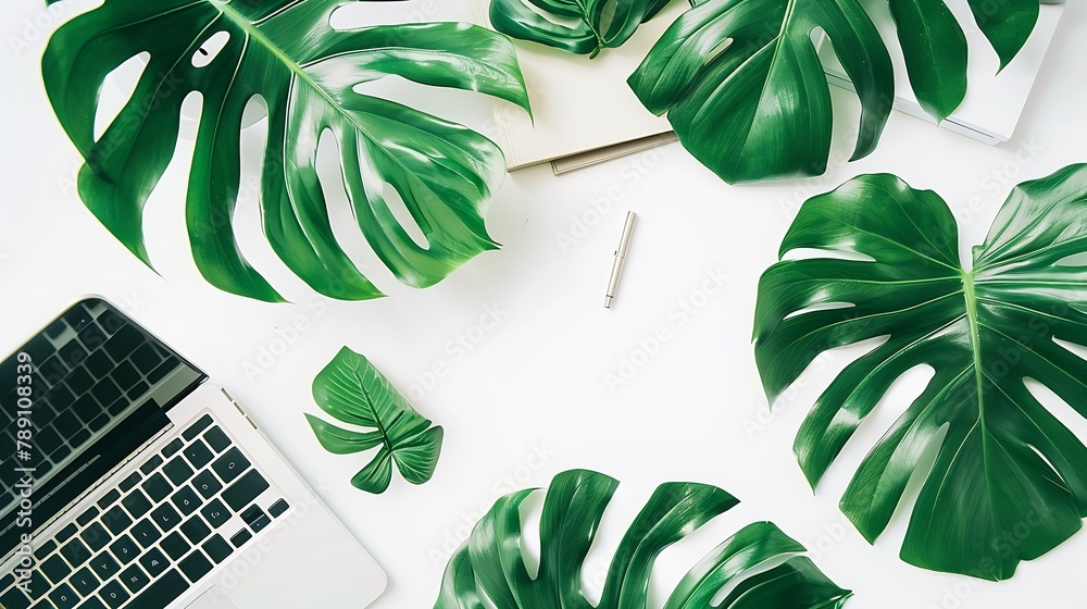 Poster home office workspace mockup with laptop tropical leaves monstera notebook and accessories on white 