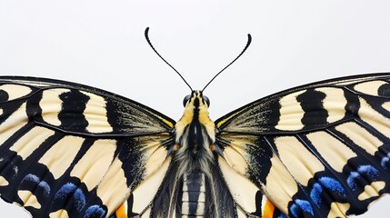 Close up of the symmetrical patterns and vibrant colors on the wings of a papilio machaon butterfly...