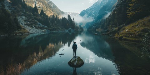 A man stands on a rock in front of a lake - Powered by Adobe
