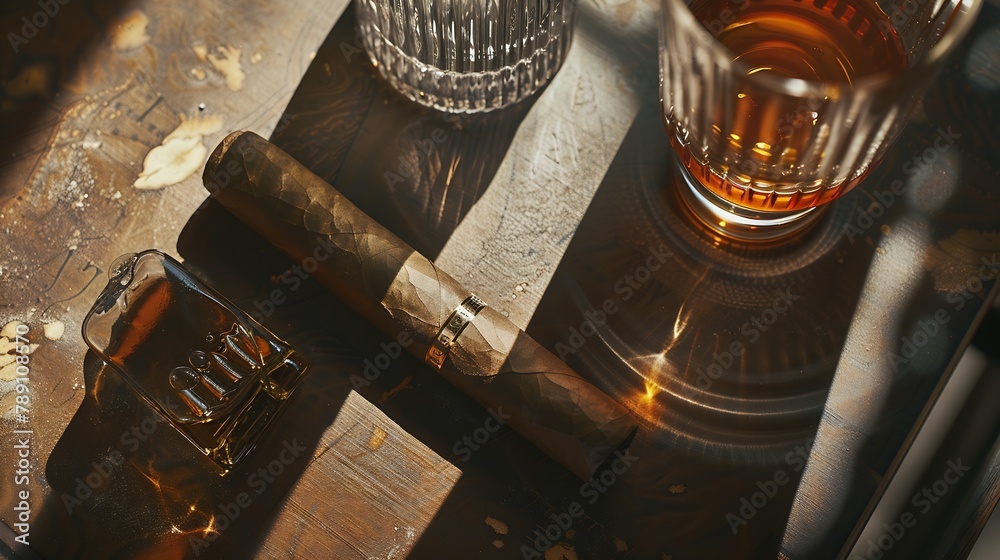 Aufkleber flat lay cognac cigar with copy space Resolution and high quality beautiful photo : Generative AI
