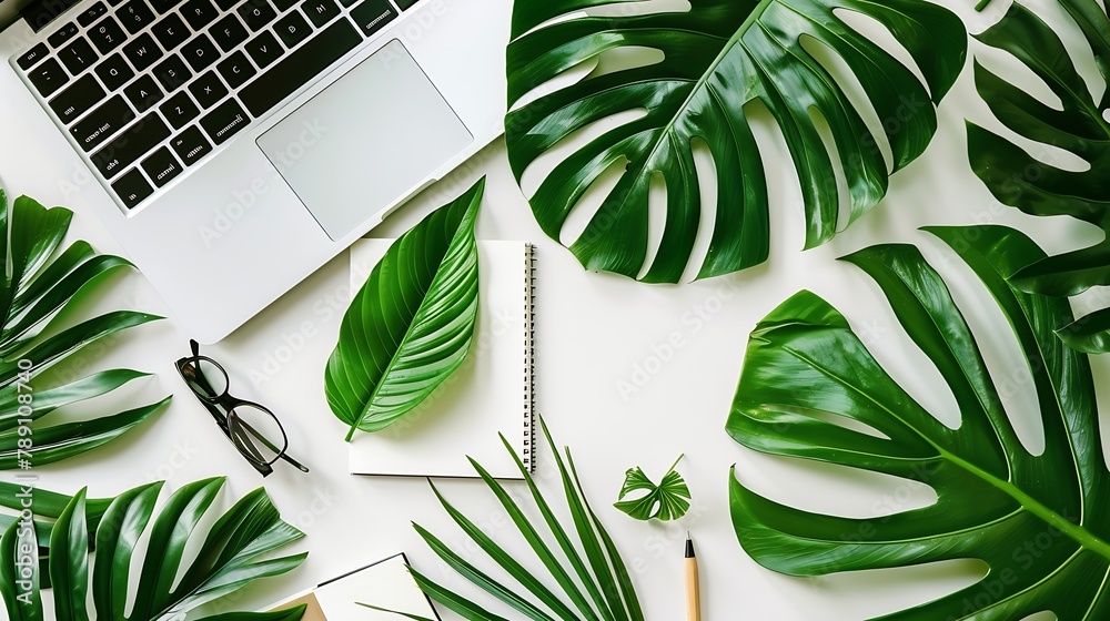 Poster home office workspace with laptop palm leaf notebook and accessories flat lay top view : generative 
