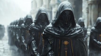In a world where ancient tradition meets futuristic technology, medieval cyber monks embark on a quest for enlightenment amidst the digital age Closeup of the monks reveals the melding of spirituality - obrazy, fototapety, plakaty