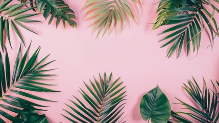 Fototapeta premium Tropical leaves on pastel pink background minimal concept Flat lay : Generative AI