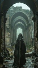 In the cloistered halls of their monastery, medieval cyber monks delve into the mysteries of the digital realm, combining ancient rituals with modern technology in their quest for spiritual enlightenm - obrazy, fototapety, plakaty