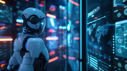 Robot interacting with futuristic interfaces in a server room.