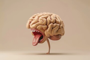 Yawning brain character with a wide-open mouth on a beige background, depicting sleepiness or boredom - obrazy, fototapety, plakaty