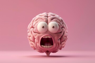 Terrified anthropomorphic brain with wide eyes and open mouth on a pink background