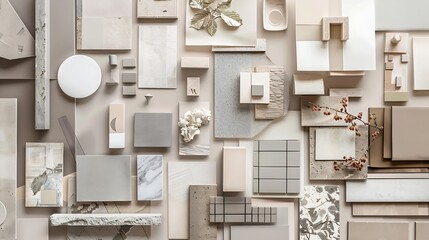 Creative flat lay composition with textile and paint samples panels and cement tiles Stylish...