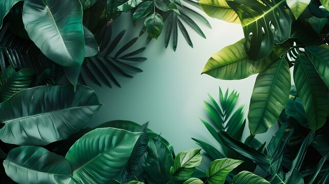 Creative tropical green leaves layout Nature spring concept Flat lay : Generative AI