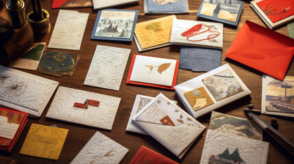 Handmade greeting cards and envelopes on a wooden table, close up