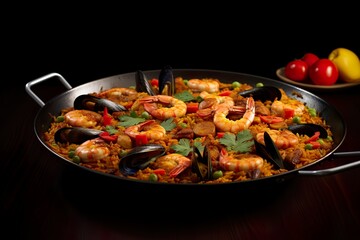Seafood paella with shrimps and mussels