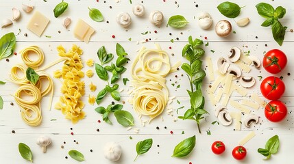Italian food concept Various kind of pasta with ingredients sweet basil tomato garlic parsley bay leaves pepper champignonzucchini and parmesan cheese on white wooden background flat l : Generative AI
