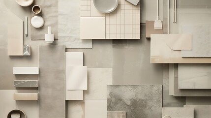 Creative flat lay composition with textile and paint samples panels and cement tiles Stylish...