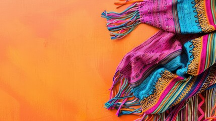 Vibrant Mexican rebozo against a colorful backdrop with room for text - obrazy, fototapety, plakaty
