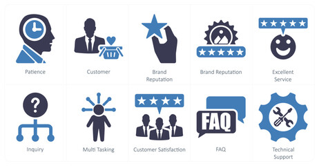 A set of 10 customer service icons as  patience, customer, brand reputation