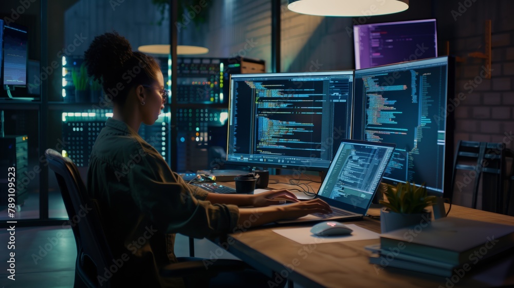 Aufkleber The female data security expert at the data center has a high level of expertise in detecting and preventing cyber threats, ensuring the security and stability of the network.
