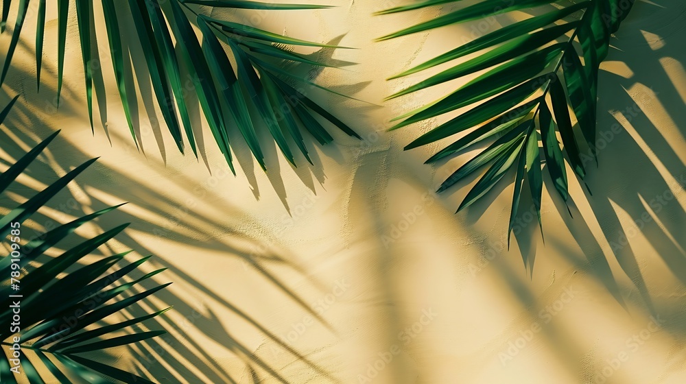 Aufkleber Top view of green tropical leaves and shadows on sand color background Flat lay Minimal summer concept with palm tree leaf Creative copyspace with paper frame : Generative AI